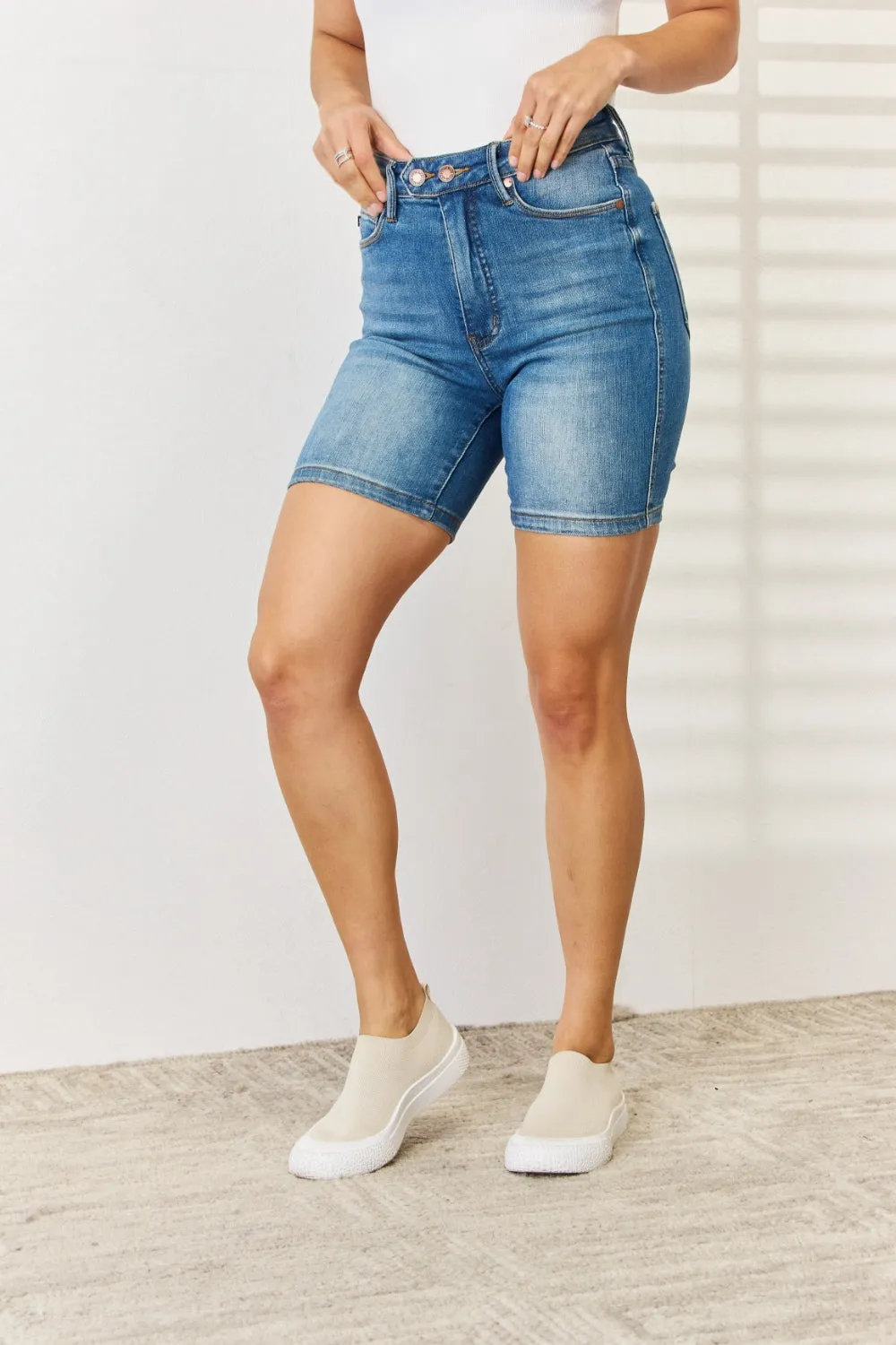 Judy Blue Tummy Control Double Button Bermuda Denim Shorts ONLINE EXCLUSIVE
