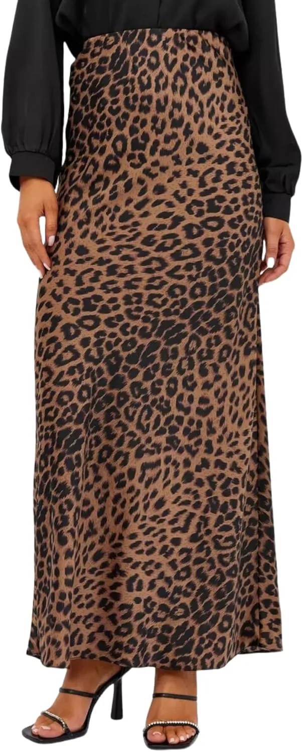 JUMISEE Women's Satin Silky Leopard Print Maxi Skirt Elegant A Line Elastic High Waist Long Skirt Flowy Bodycon Skirt