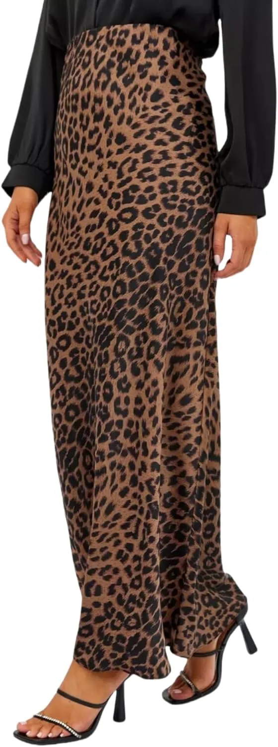 JUMISEE Women's Satin Silky Leopard Print Maxi Skirt Elegant A Line Elastic High Waist Long Skirt Flowy Bodycon Skirt