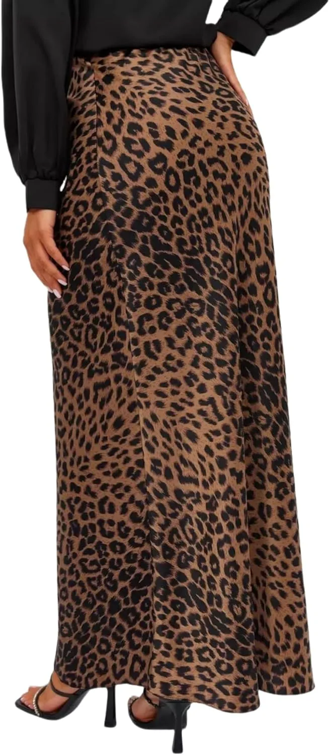 JUMISEE Women's Satin Silky Leopard Print Maxi Skirt Elegant A Line Elastic High Waist Long Skirt Flowy Bodycon Skirt