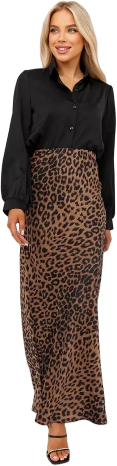 JUMISEE Women's Satin Silky Leopard Print Maxi Skirt Elegant A Line Elastic High Waist Long Skirt Flowy Bodycon Skirt