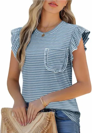 JUSTFASHIONNOW Womens Summer Tops Striped T-Shirts 2025 Ruffle Short Sleeve Crew Neck Casual Blouses with Pocket