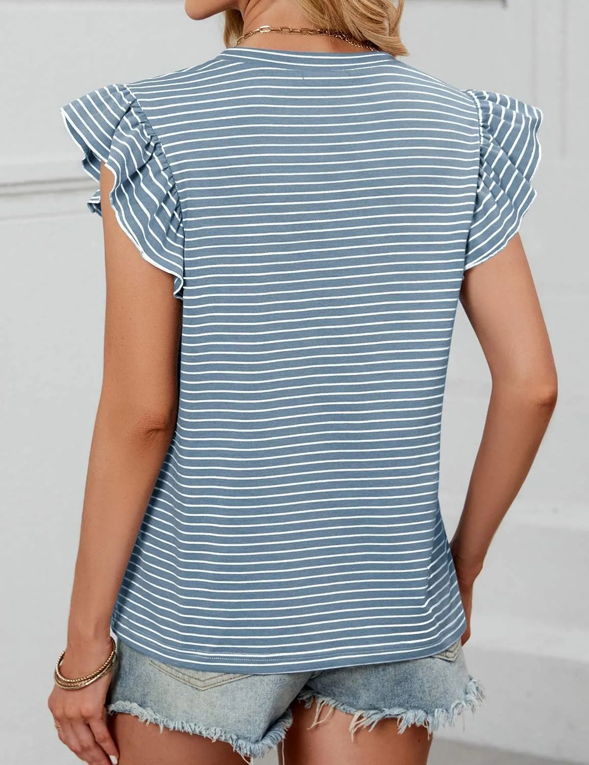 JUSTFASHIONNOW Womens Summer Tops Striped T-Shirts 2025 Ruffle Short Sleeve Crew Neck Casual Blouses with Pocket
