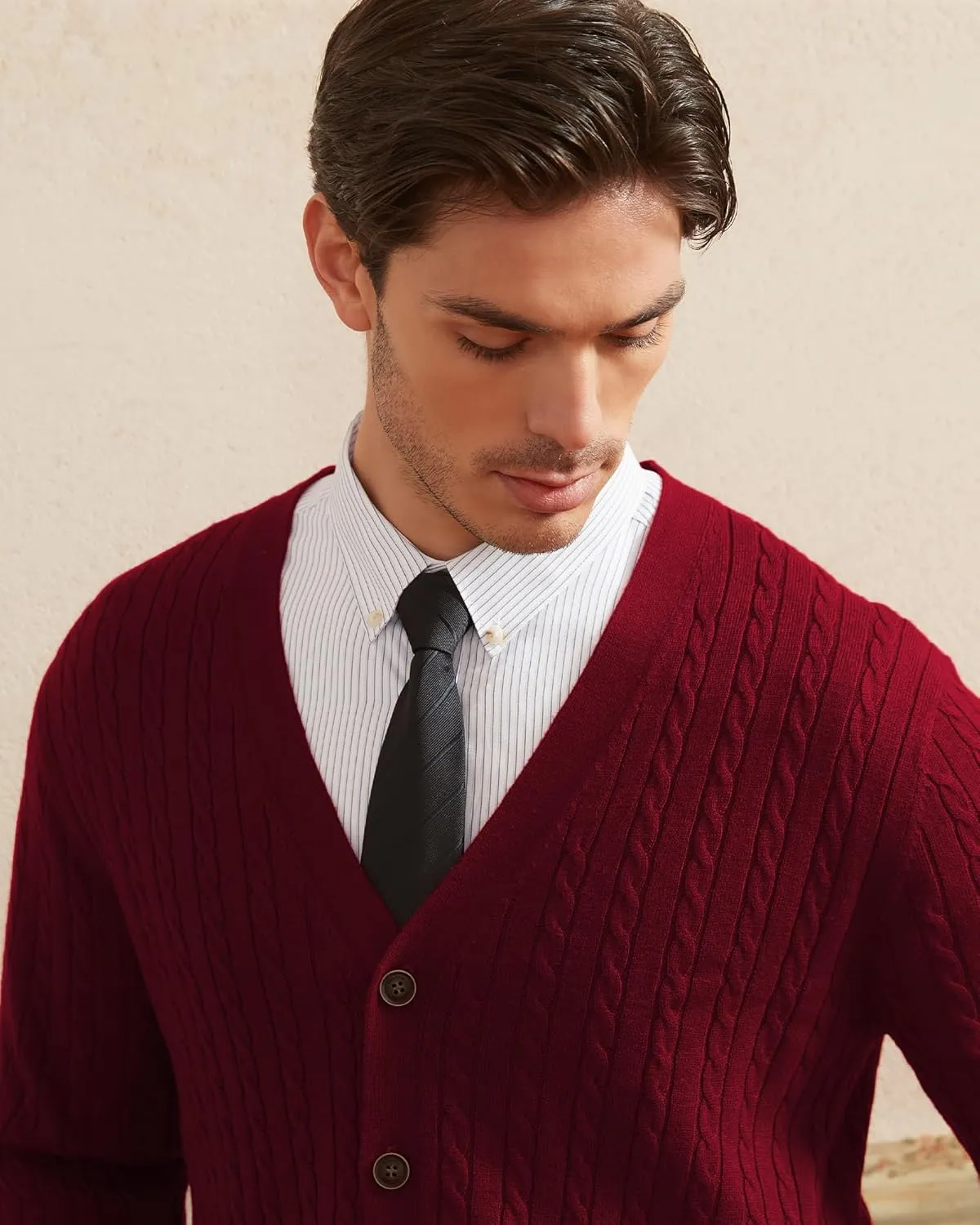 Kallspin Men's Cardigan Sweater Wool Blend Cable Knit V Neck Buttons Cardigan with Pockets