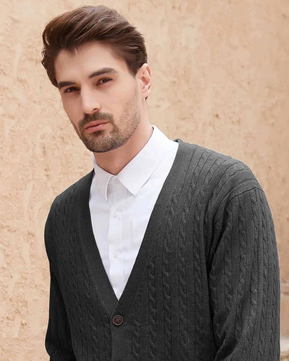 Kallspin Men's Cardigan Sweater Wool Blend Cable Knit V Neck Buttons Cardigan with Pockets
