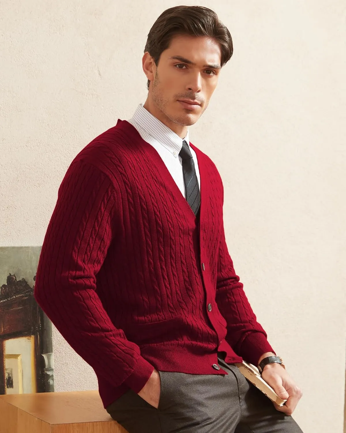 Kallspin Men's Cardigan Sweater Wool Blend Cable Knit V Neck Buttons Cardigan with Pockets