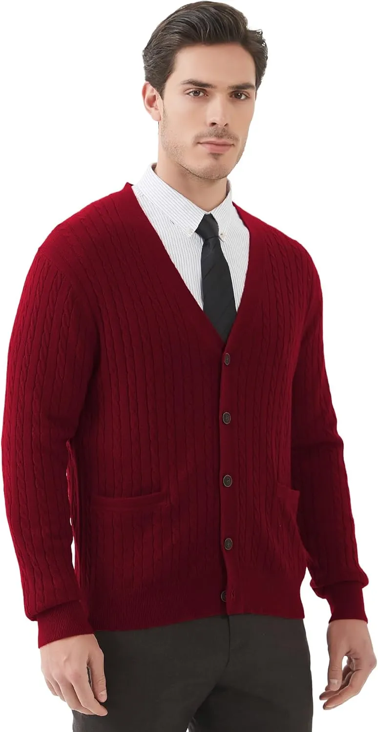 Kallspin Men's Cardigan Sweater Wool Blend Cable Knit V Neck Buttons Cardigan with Pockets