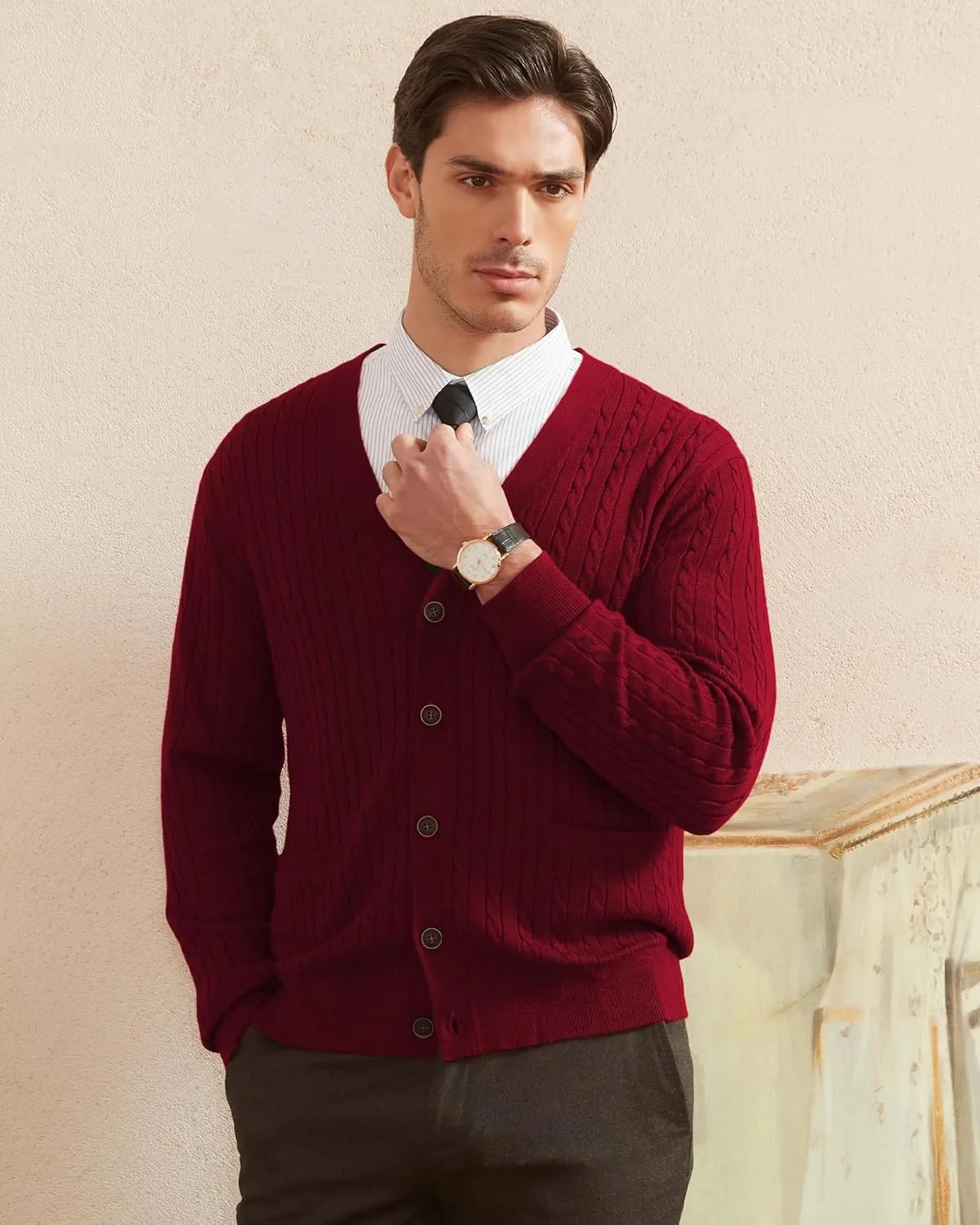 Kallspin Men's Cardigan Sweater Wool Blend Cable Knit V Neck Buttons Cardigan with Pockets