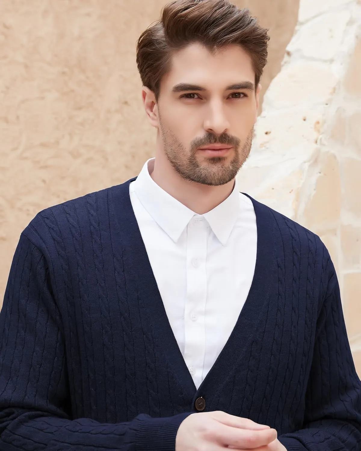 Kallspin Men's Cardigan Sweater Wool Blend Cable Knit V Neck Buttons Cardigan with Pockets