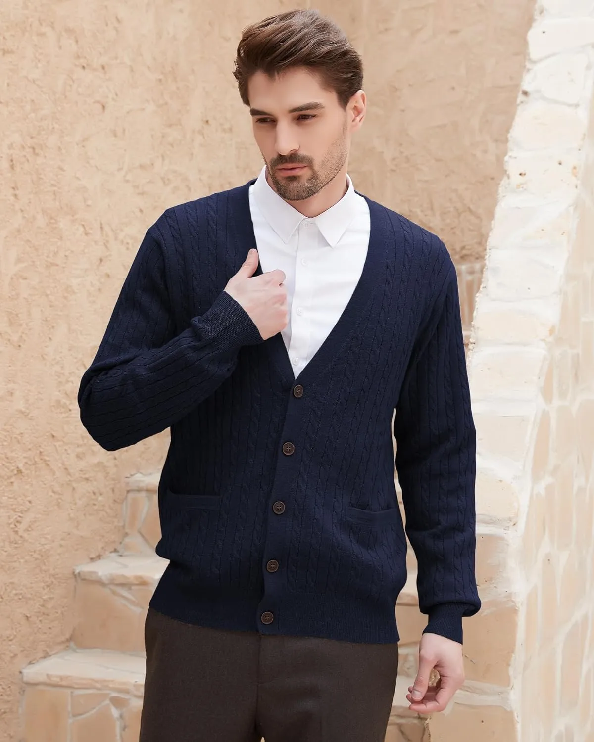 Kallspin Men's Cardigan Sweater Wool Blend Cable Knit V Neck Buttons Cardigan with Pockets