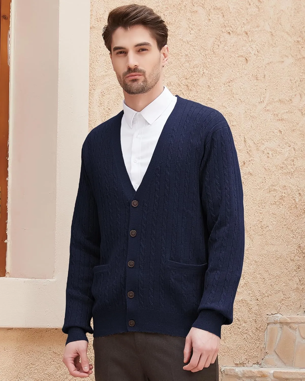 Kallspin Men's Cardigan Sweater Wool Blend Cable Knit V Neck Buttons Cardigan with Pockets