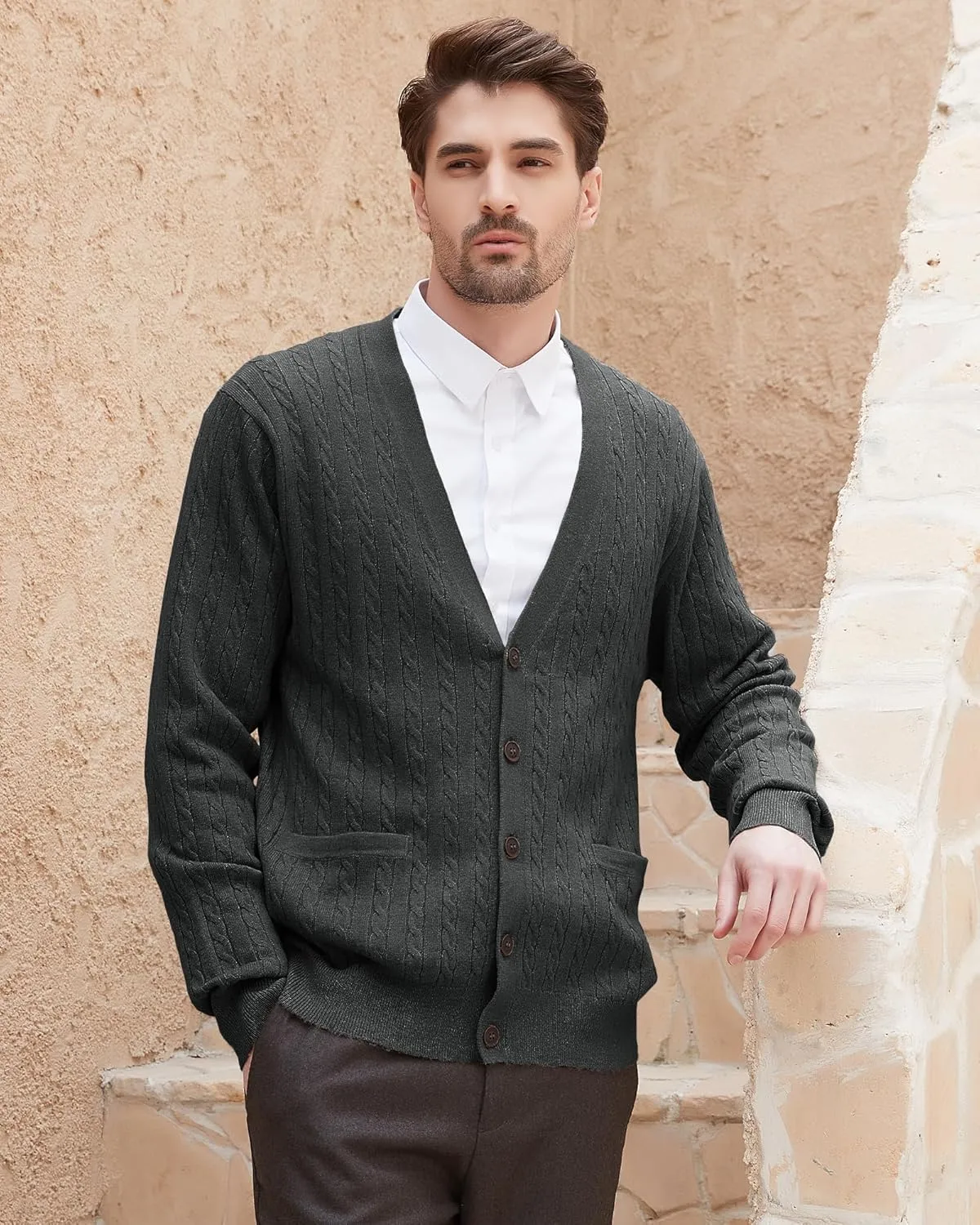 Kallspin Men's Cardigan Sweater Wool Blend Cable Knit V Neck Buttons Cardigan with Pockets