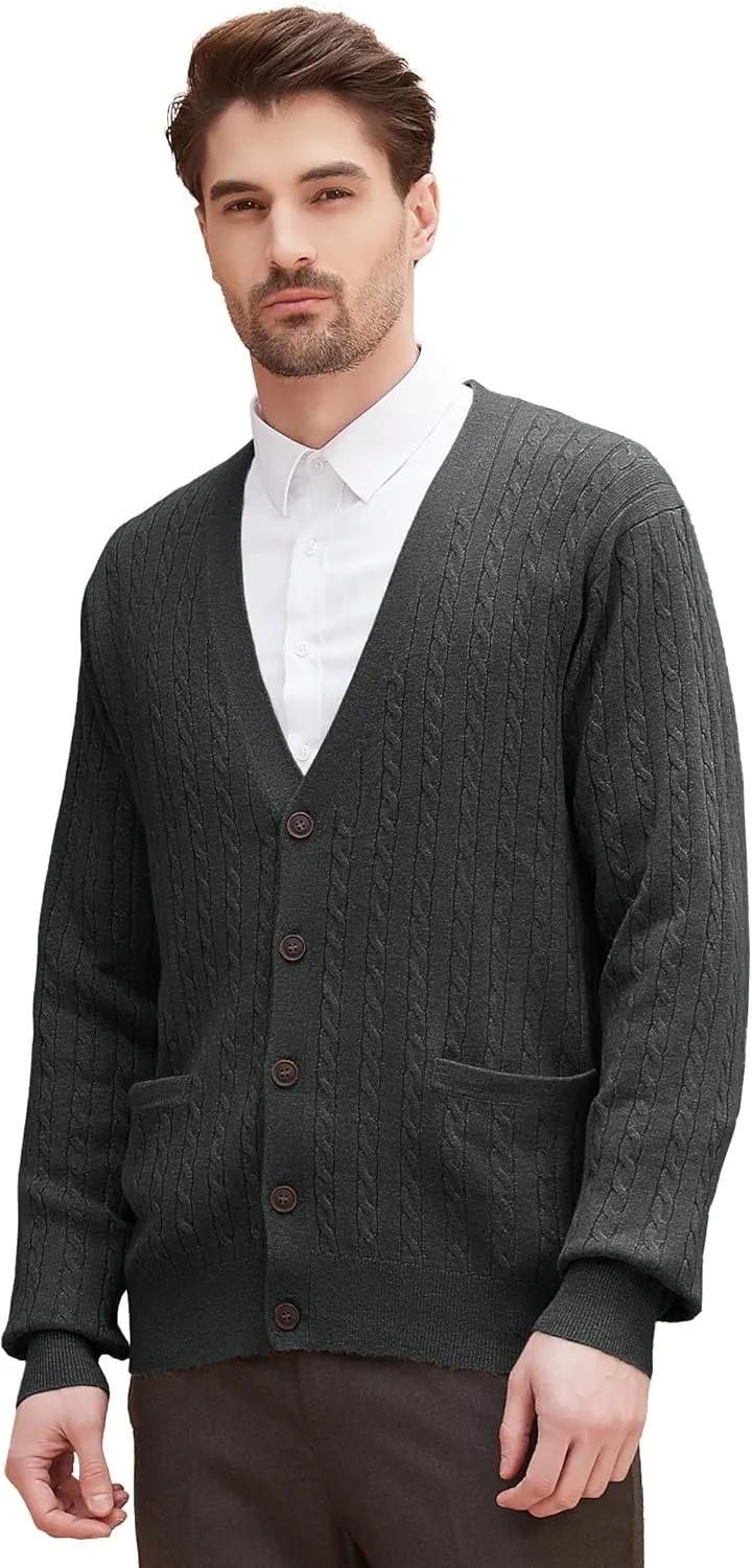 Kallspin Men's Cardigan Sweater Wool Blend Cable Knit V Neck Buttons Cardigan with Pockets