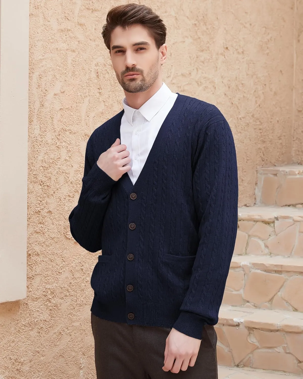 Kallspin Men's Cardigan Sweater Wool Blend Cable Knit V Neck Buttons Cardigan with Pockets