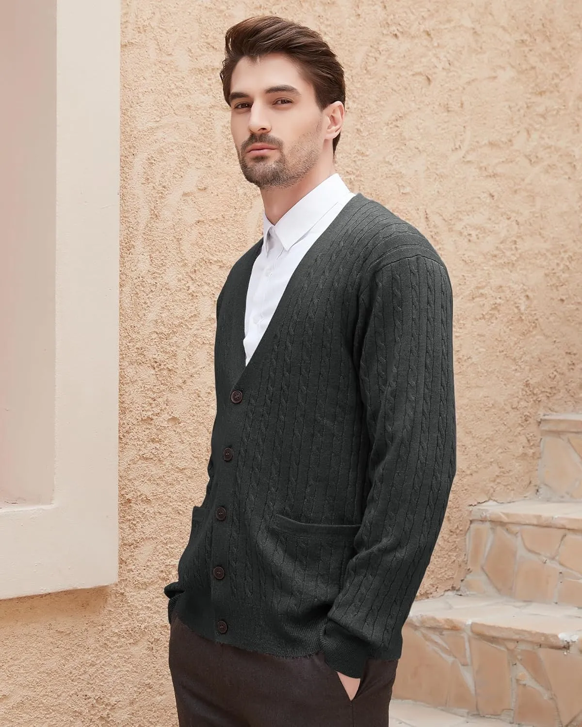 Kallspin Men's Cardigan Sweater Wool Blend Cable Knit V Neck Buttons Cardigan with Pockets