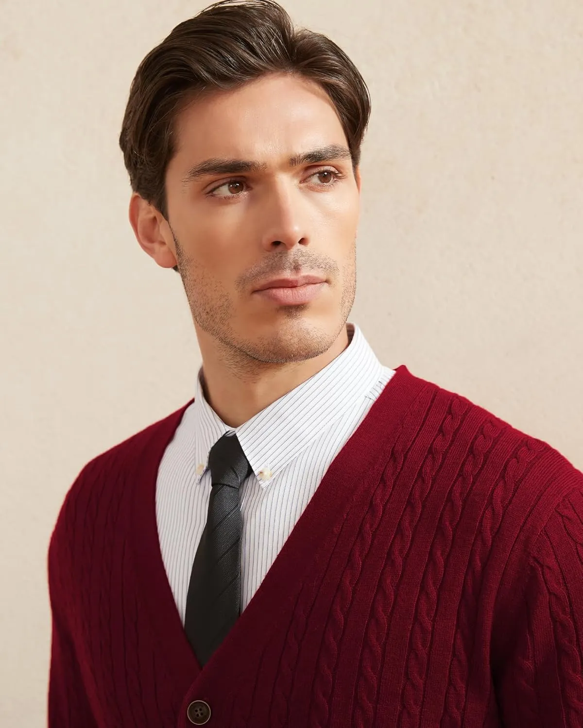 Kallspin Men's Cardigan Sweater Wool Blend Cable Knit V Neck Buttons Cardigan with Pockets