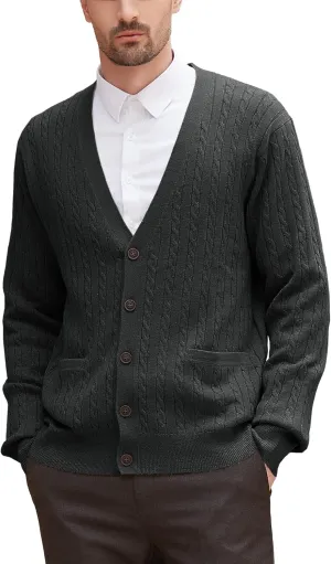 Kallspin Men's Cardigan Sweater Wool Blend Cable Knit V Neck Buttons Cardigan with Pockets