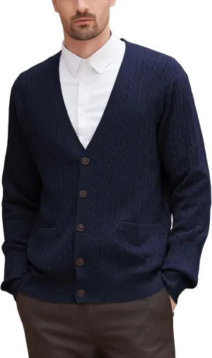 Kallspin Men's Cardigan Sweater Wool Blend Cable Knit V Neck Buttons Cardigan with Pockets