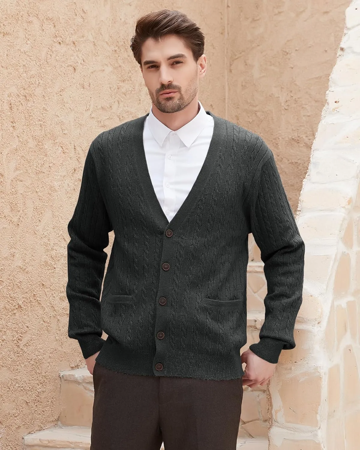 Kallspin Men's Cardigan Sweater Wool Blend Cable Knit V Neck Buttons Cardigan with Pockets