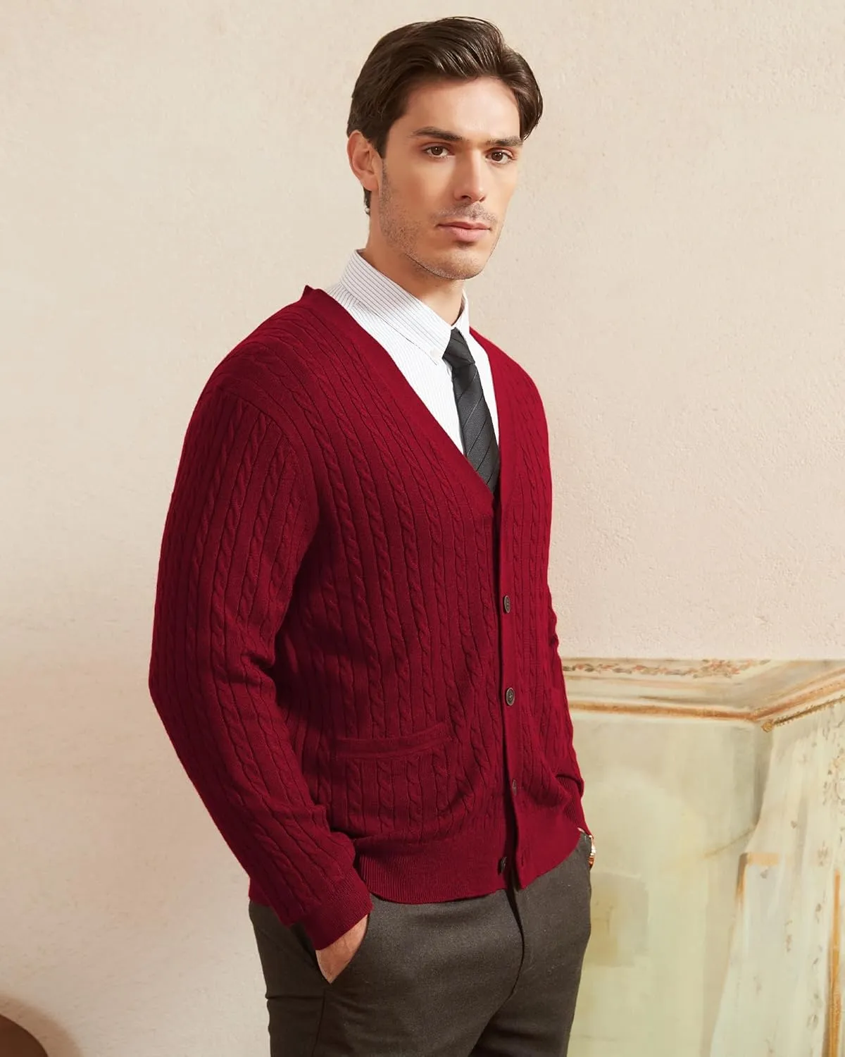 Kallspin Men's Cardigan Sweater Wool Blend Cable Knit V Neck Buttons Cardigan with Pockets
