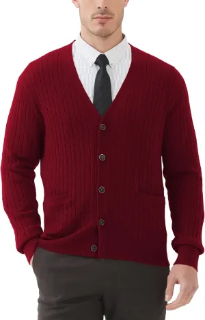 Kallspin Men's Cardigan Sweater Wool Blend Cable Knit V Neck Buttons Cardigan with Pockets