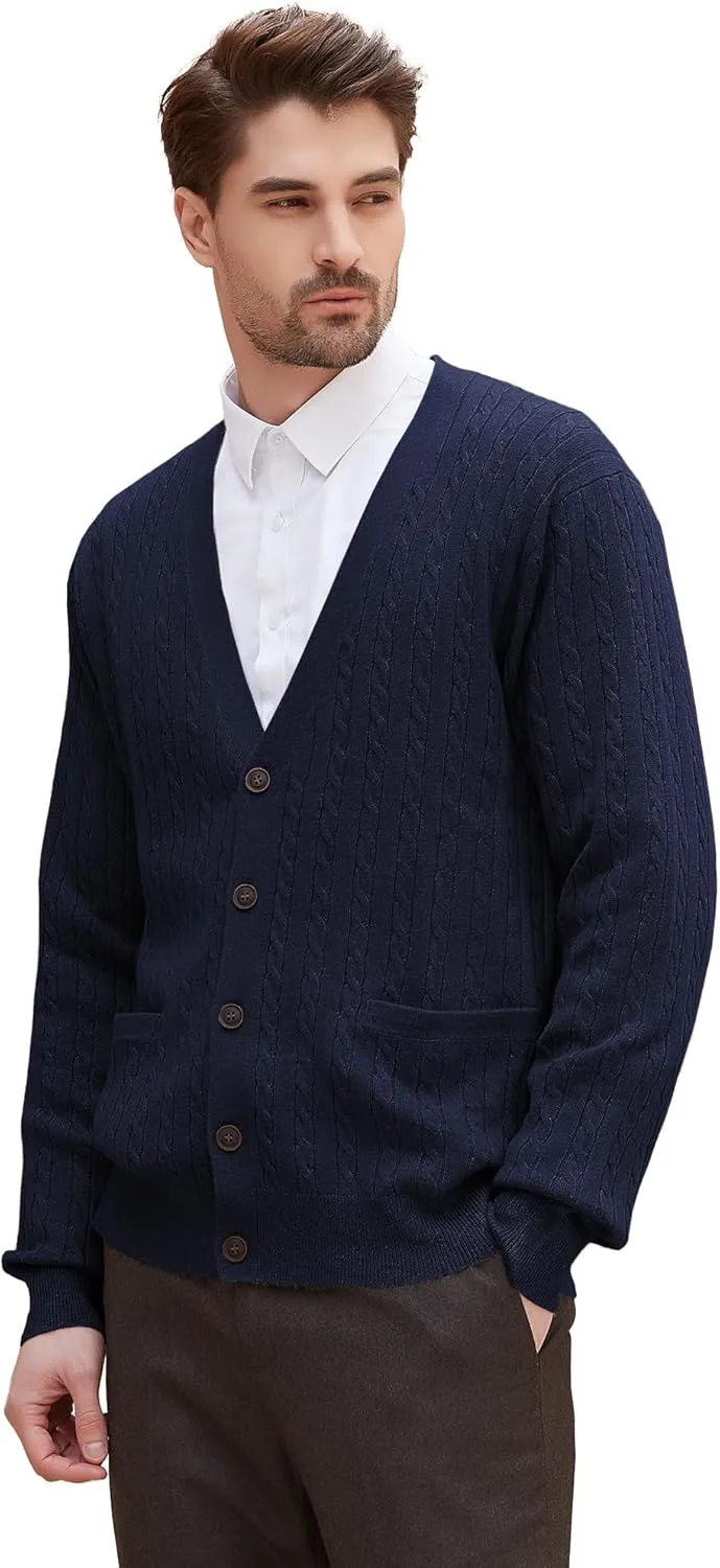 Kallspin Men's Cardigan Sweater Wool Blend Cable Knit V Neck Buttons Cardigan with Pockets