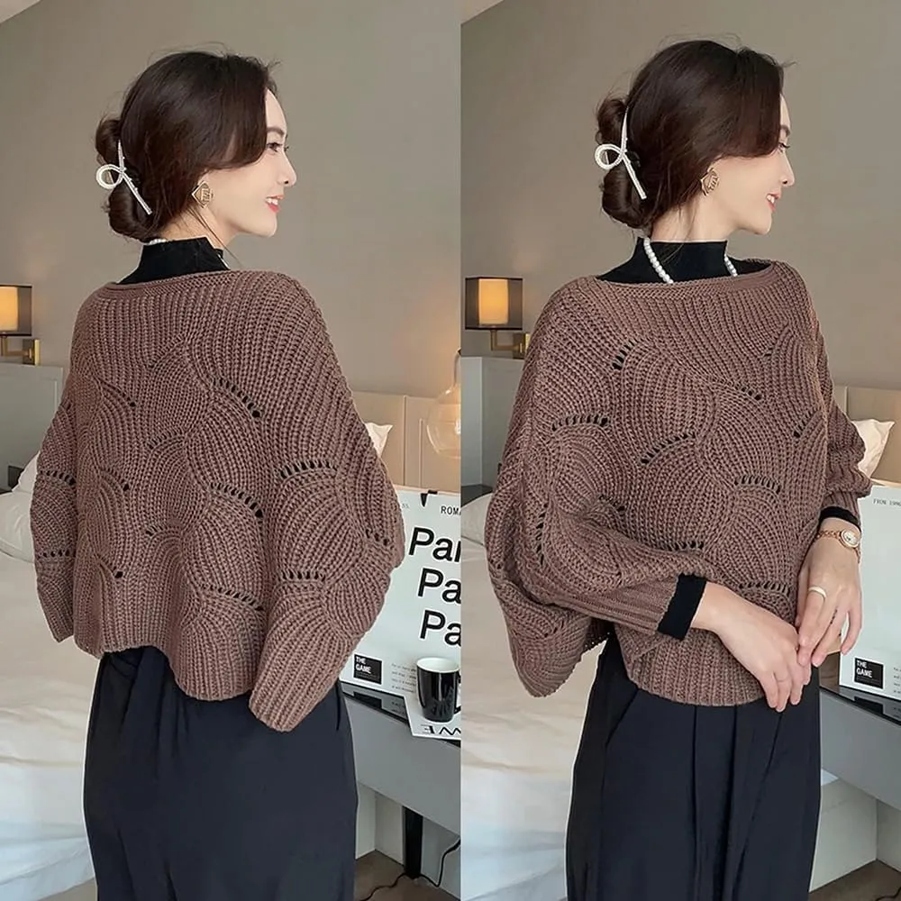KCRPM Bat Sleeve Knitting Shawl, 2024 Slouchy Cable Knit Sweater, Women Winter Knitwear Irregular Cloak Bat Sleeve Sweater
