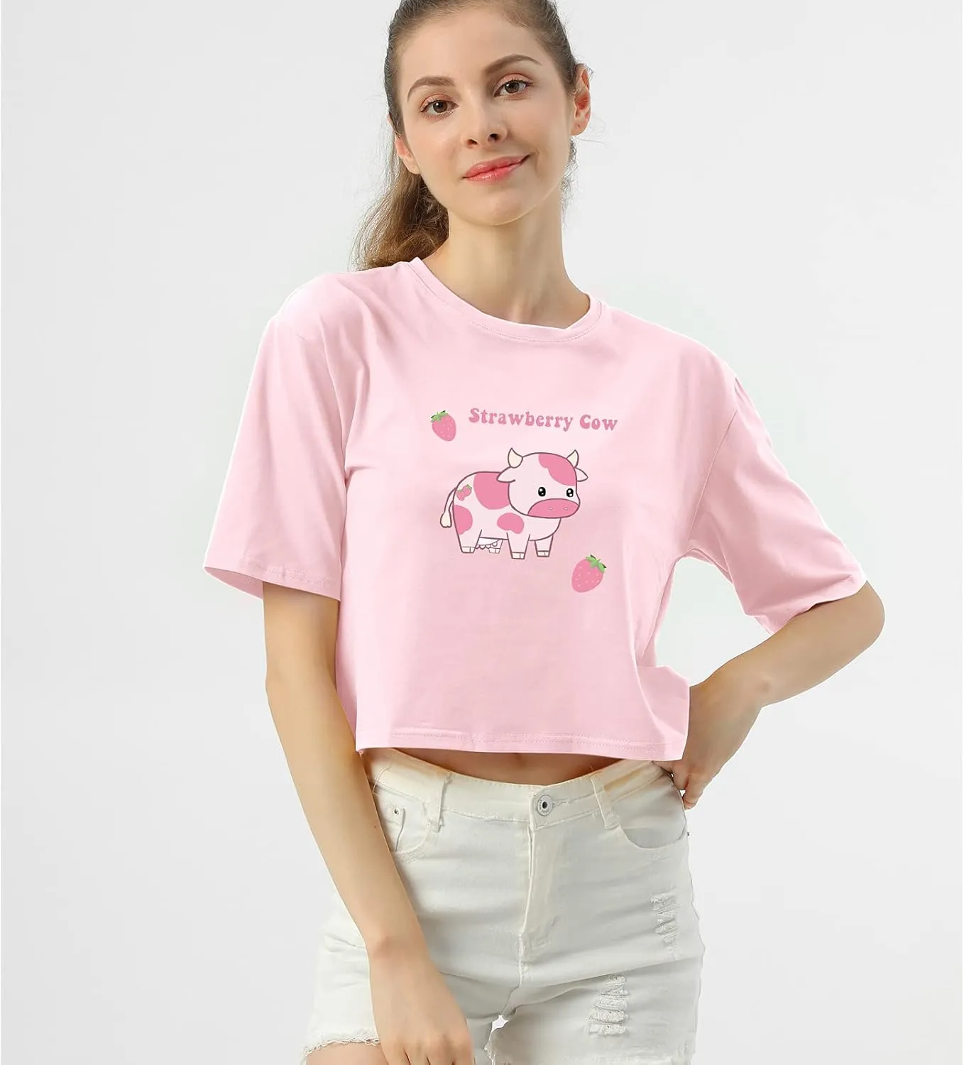 KEEVICI Girls' Cute Strawberry Cow Print T Shirts Short Sleeve Crop Cotton Tops