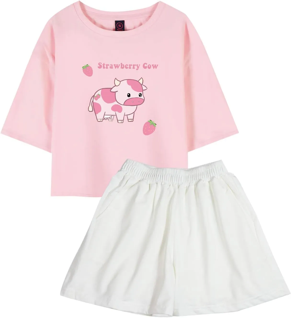 KEEVICI Girls' Cute Strawberry Cow Print T Shirts Short Sleeve Crop Cotton Tops