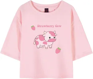 KEEVICI Girls' Cute Strawberry Cow Print T Shirts Short Sleeve Crop Cotton Tops