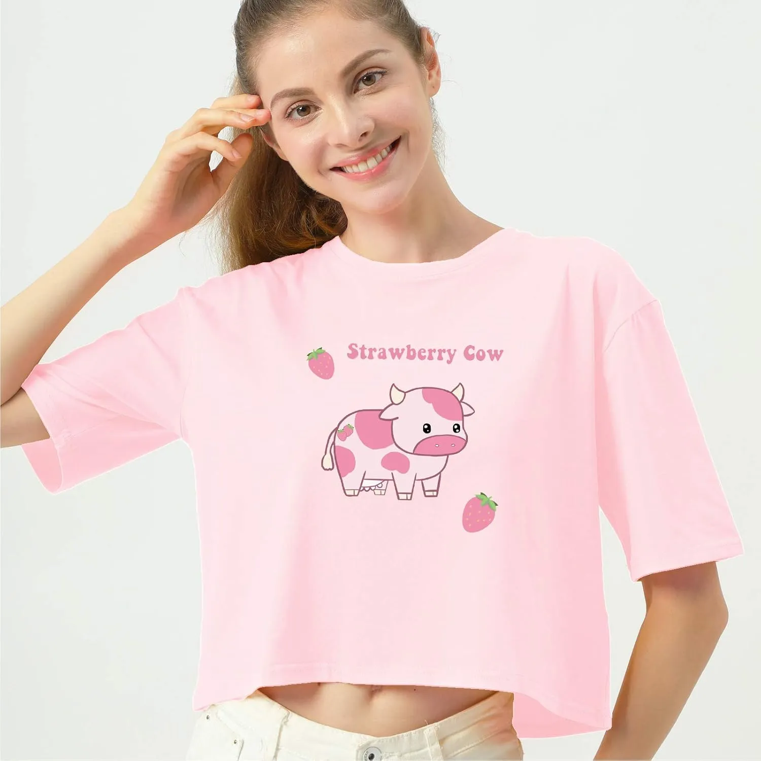 KEEVICI Girls' Cute Strawberry Cow Print T Shirts Short Sleeve Crop Cotton Tops