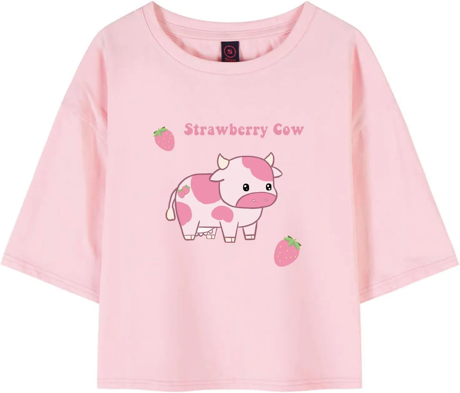 KEEVICI Girls' Cute Strawberry Cow Print T Shirts Short Sleeve Crop Cotton Tops