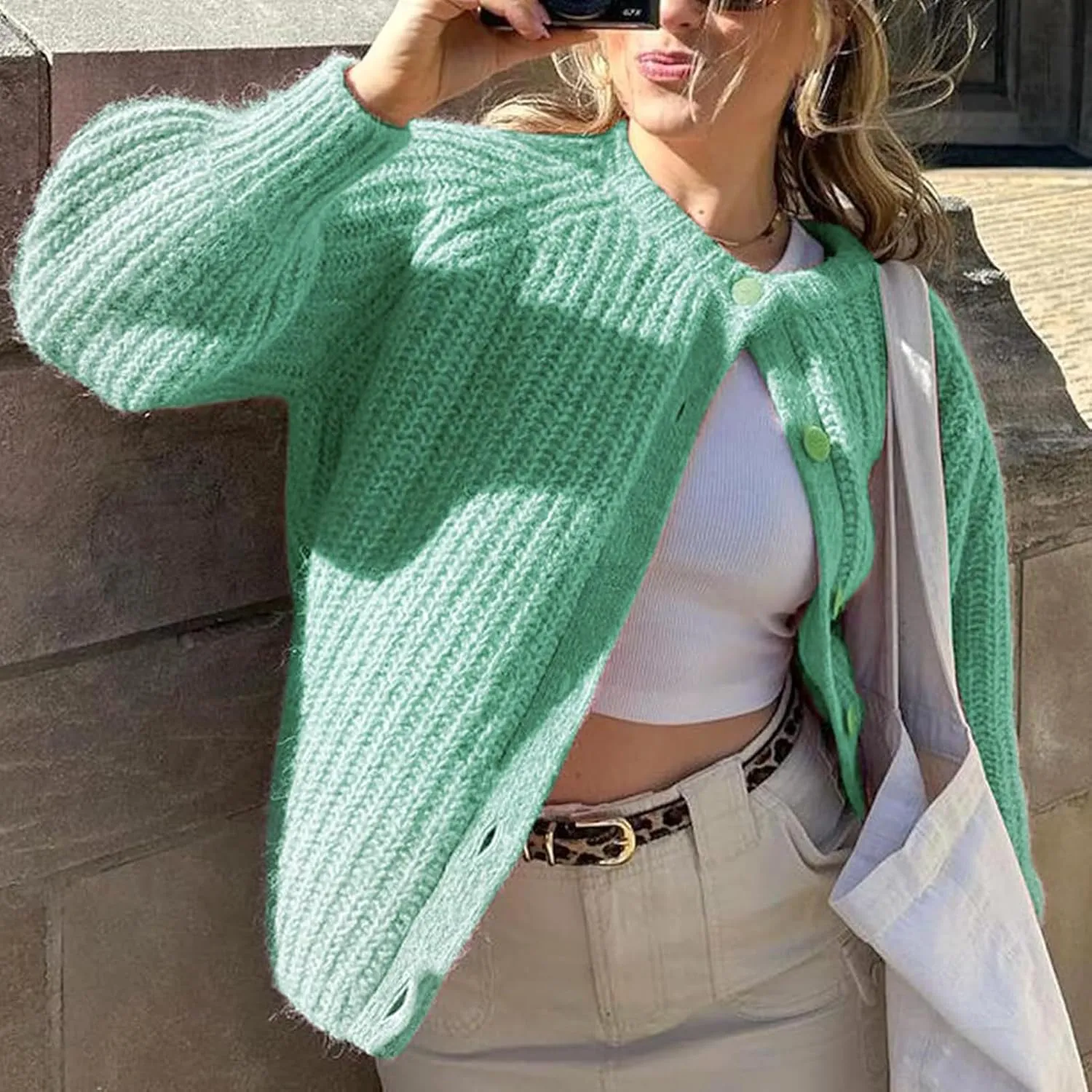 KEOMUD Women's Long Sleeve Cardigan Sweaters 2025 Spring Casual Crewneck Button Down Chunky Knit Cardigans