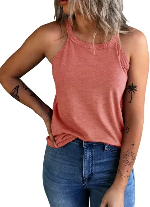 KINLONSAIR Women's Summer Sleeveless Halter Tee Shirts Crew Neck Workout Tank Tops Casual Plain Cami Shirts