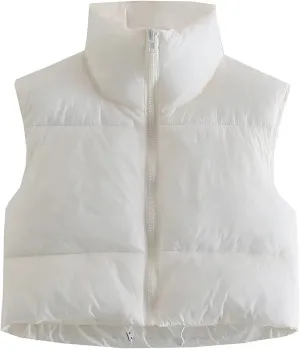 Kissonic Women's Padded Down Vest Puffer Stand Collar Zip Up Crop Sleeveless Jacket