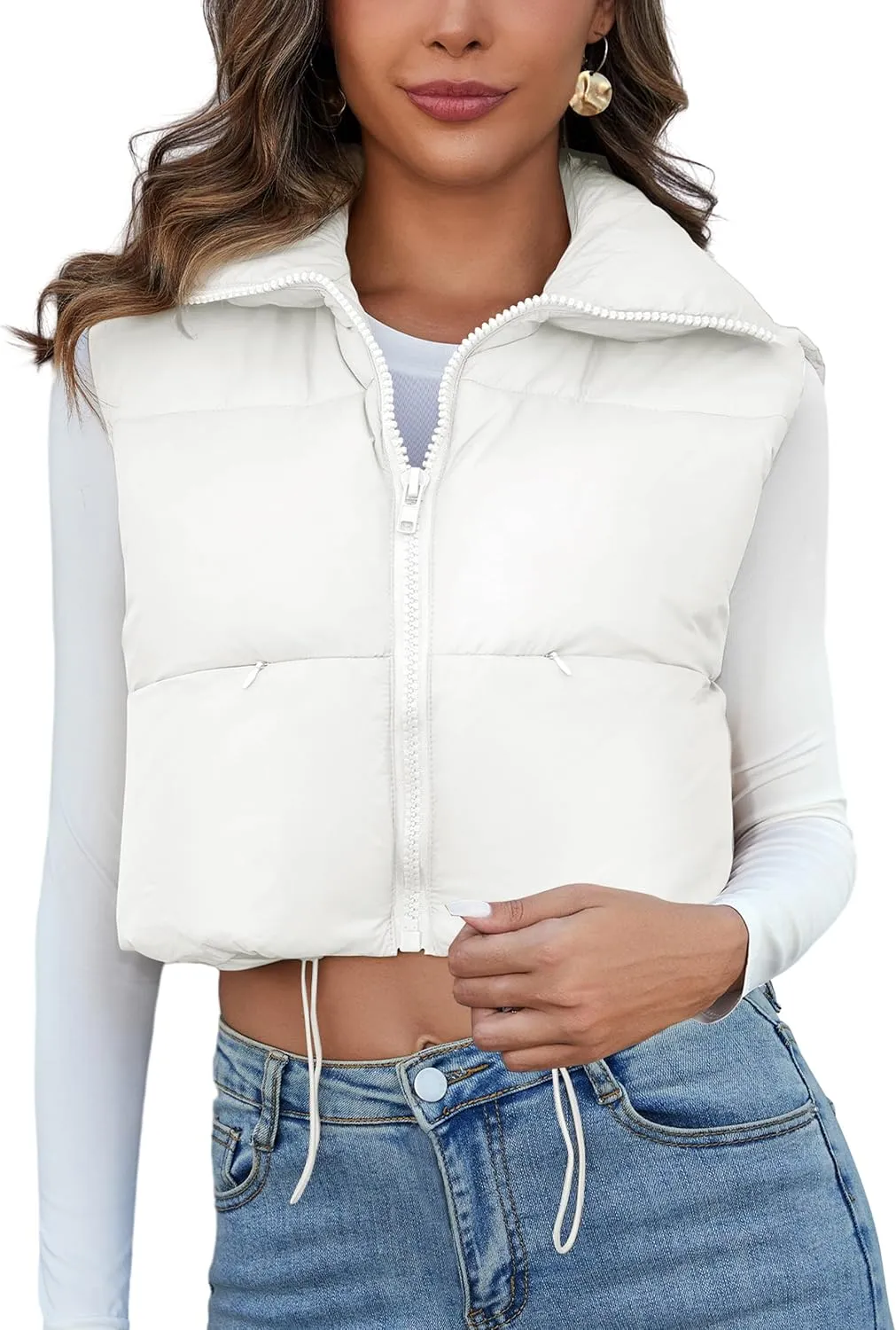 Kissonic Women's Padded Down Vest Puffer Stand Collar Zip Up Crop Sleeveless Jacket