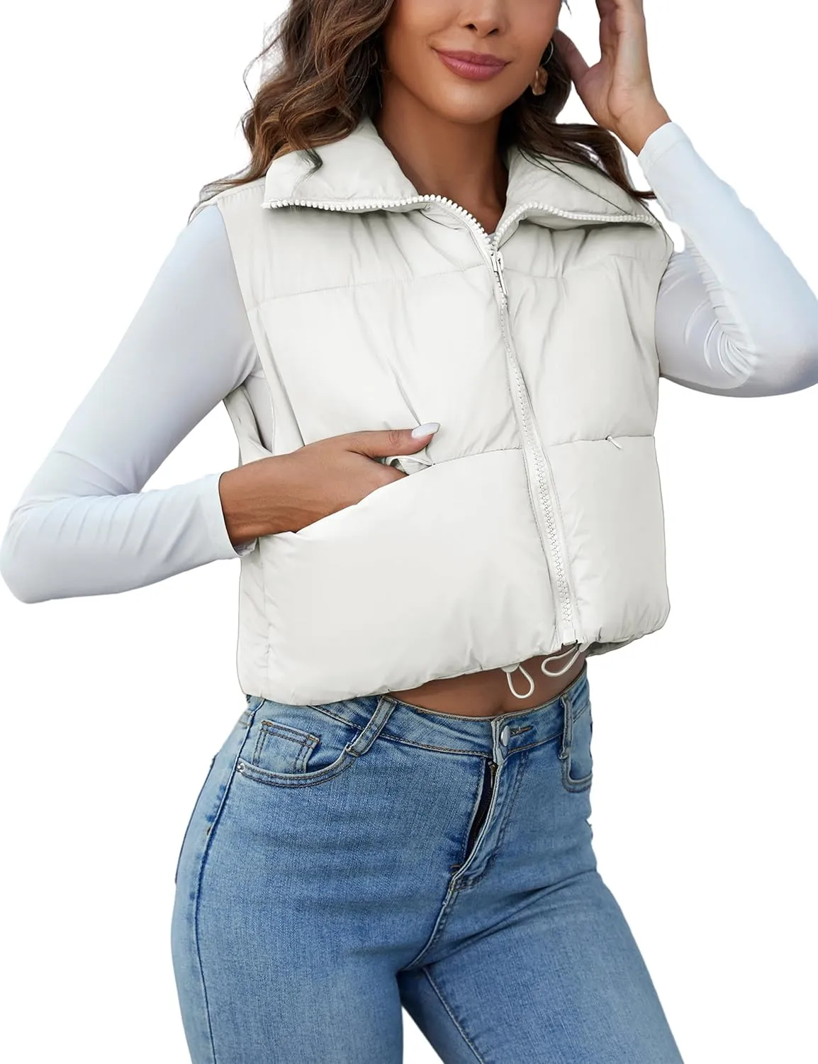 Kissonic Women's Padded Down Vest Puffer Stand Collar Zip Up Crop Sleeveless Jacket