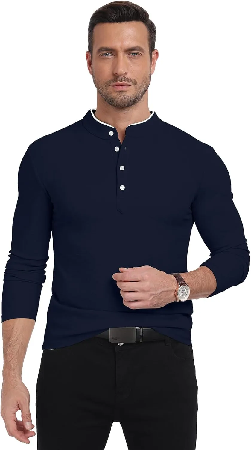 KUYIGO Men's Long Sleeve Waffle Mandarin Polo Shirts Fashion Button Slim Fit Casual Tops T-Shirt