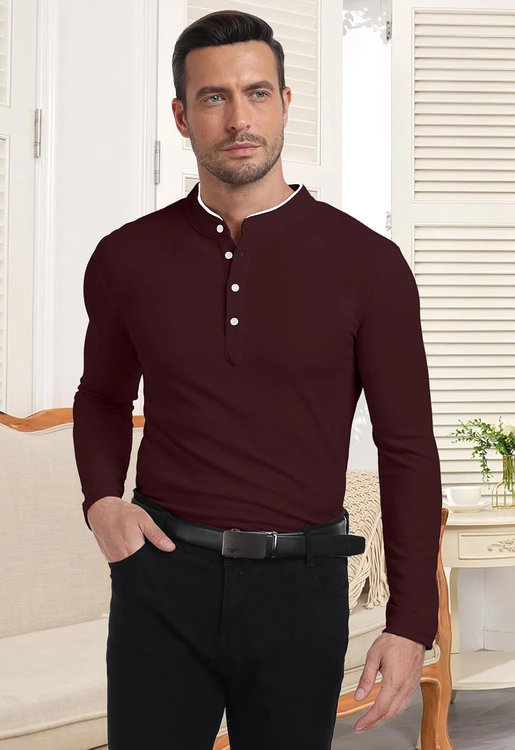 KUYIGO Men's Long Sleeve Waffle Mandarin Polo Shirts Fashion Button Slim Fit Casual Tops T-Shirt