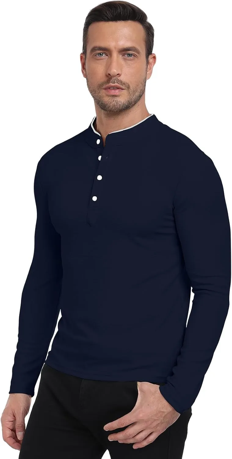 KUYIGO Men's Long Sleeve Waffle Mandarin Polo Shirts Fashion Button Slim Fit Casual Tops T-Shirt