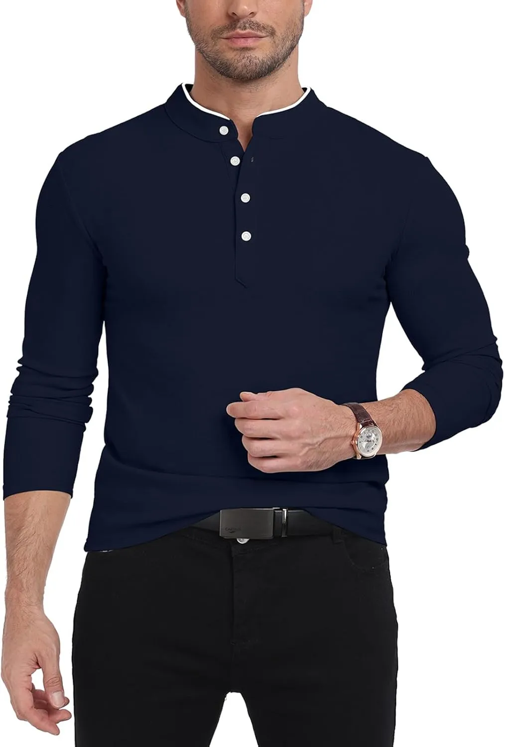 KUYIGO Men's Long Sleeve Waffle Mandarin Polo Shirts Fashion Button Slim Fit Casual Tops T-Shirt