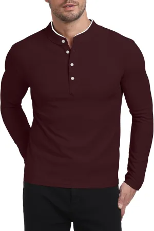 KUYIGO Men's Long Sleeve Waffle Mandarin Polo Shirts Fashion Button Slim Fit Casual Tops T-Shirt