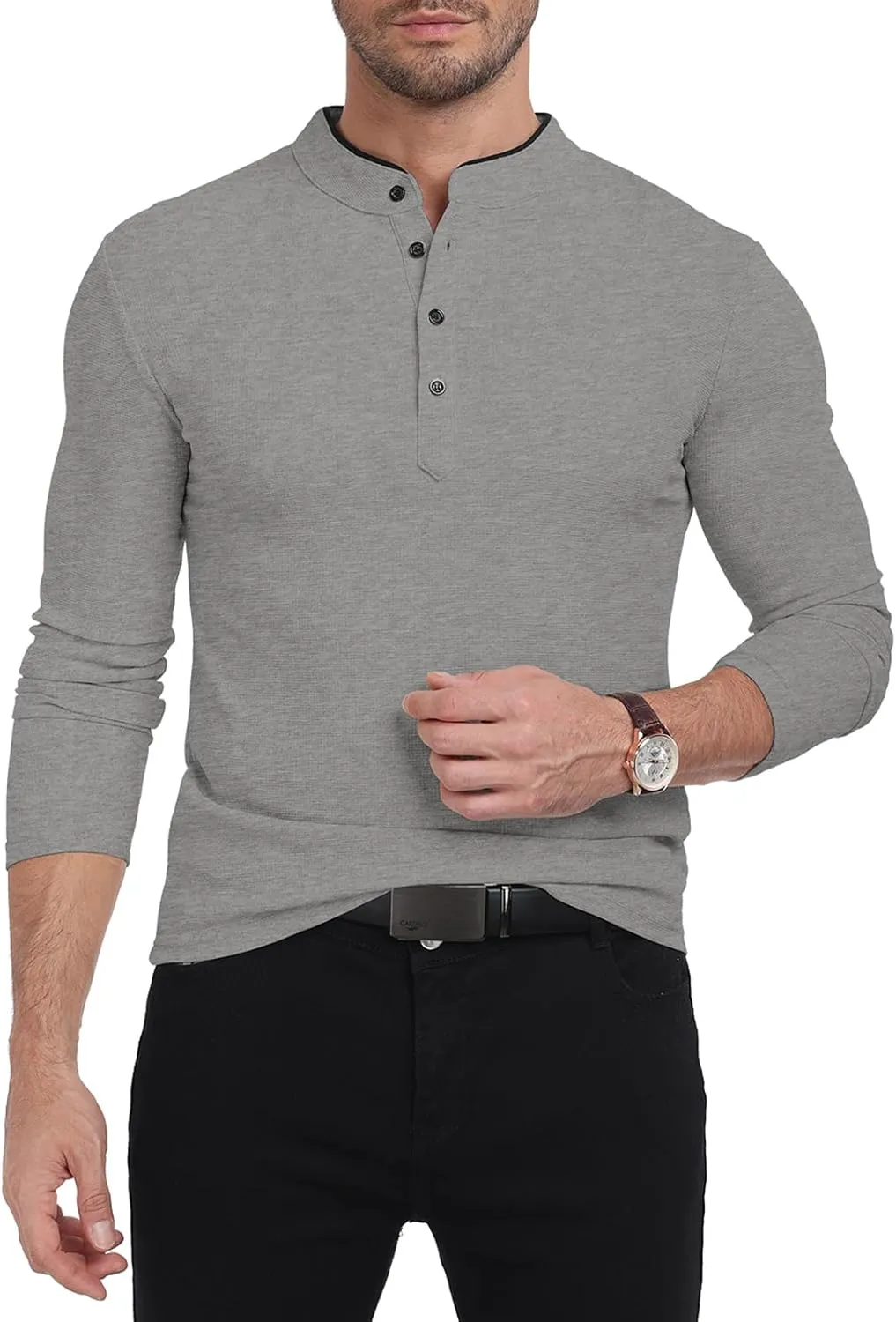 KUYIGO Men's Long Sleeve Waffle Mandarin Polo Shirts Fashion Button Slim Fit Casual Tops T-Shirt