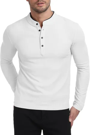 KUYIGO Men's Long Sleeve Waffle Mandarin Polo Shirts Fashion Button Slim Fit Casual Tops T-Shirt