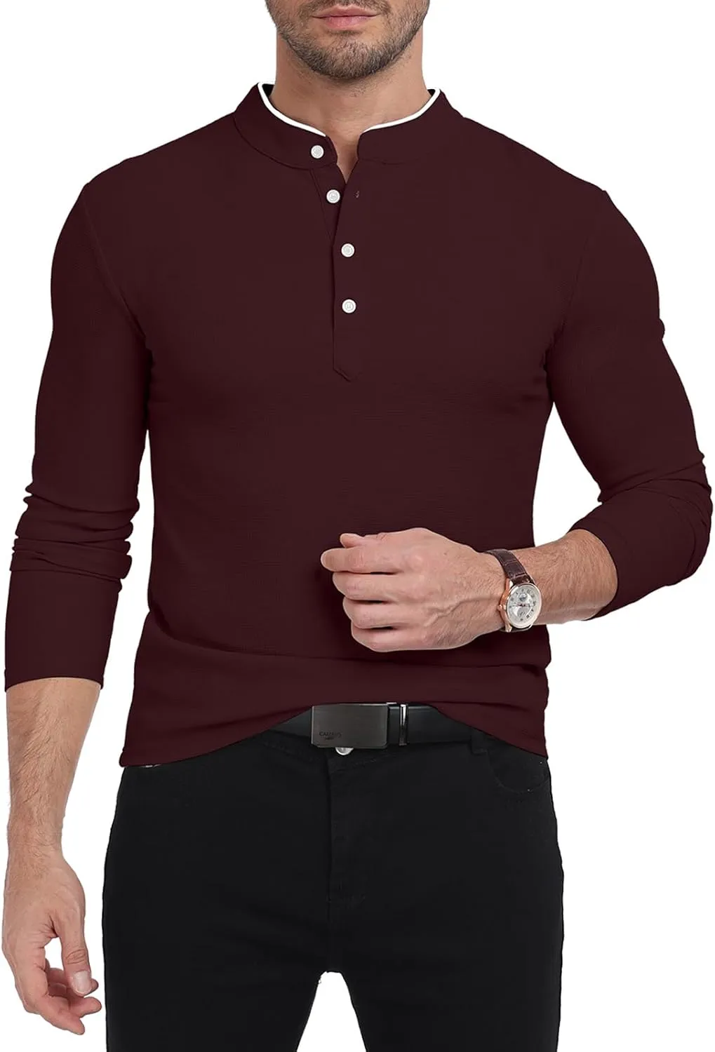 KUYIGO Men's Long Sleeve Waffle Mandarin Polo Shirts Fashion Button Slim Fit Casual Tops T-Shirt