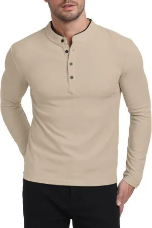 KUYIGO Men's Long Sleeve Waffle Mandarin Polo Shirts Fashion Button Slim Fit Casual Tops T-Shirt