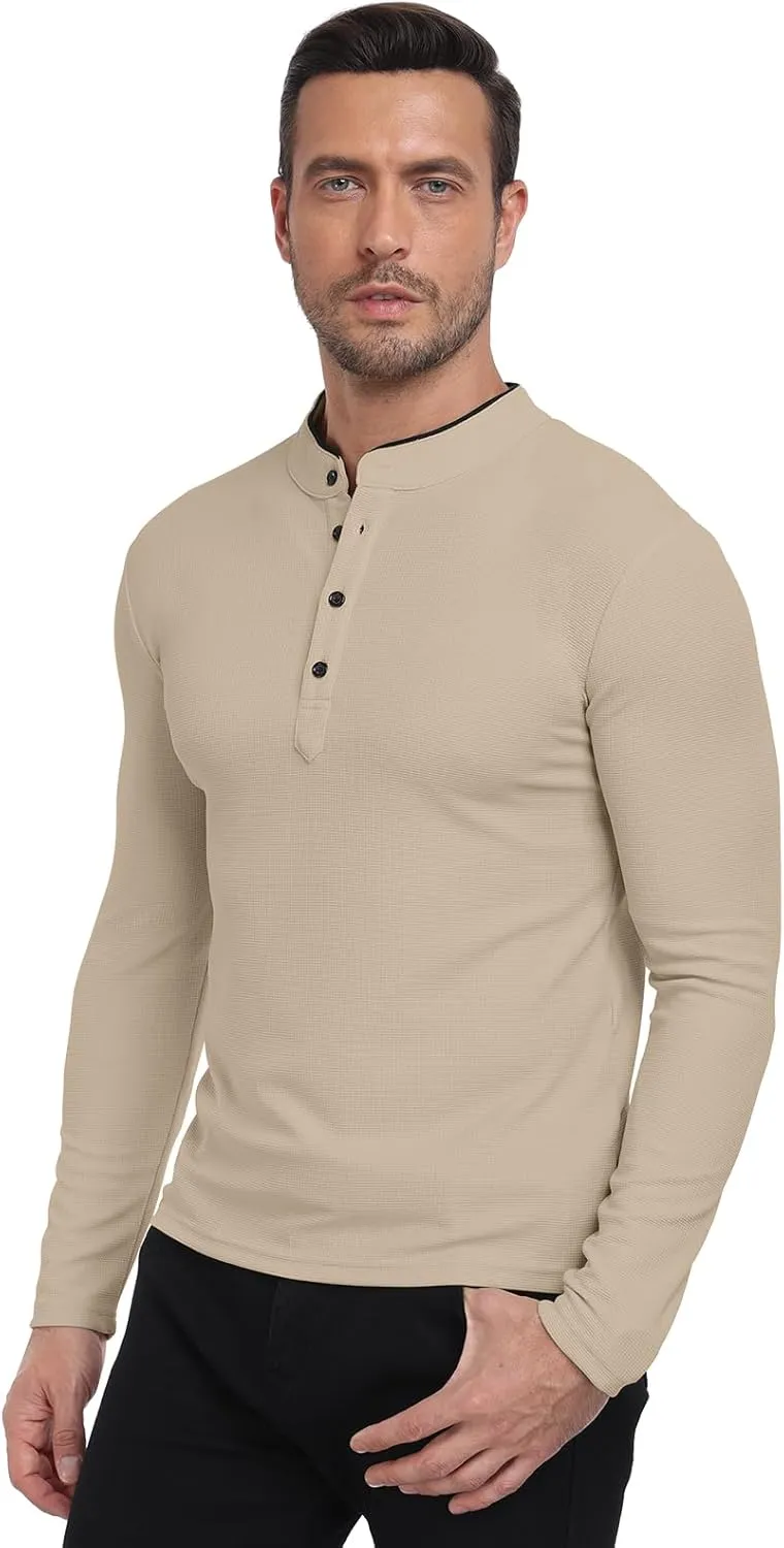 KUYIGO Men's Long Sleeve Waffle Mandarin Polo Shirts Fashion Button Slim Fit Casual Tops T-Shirt