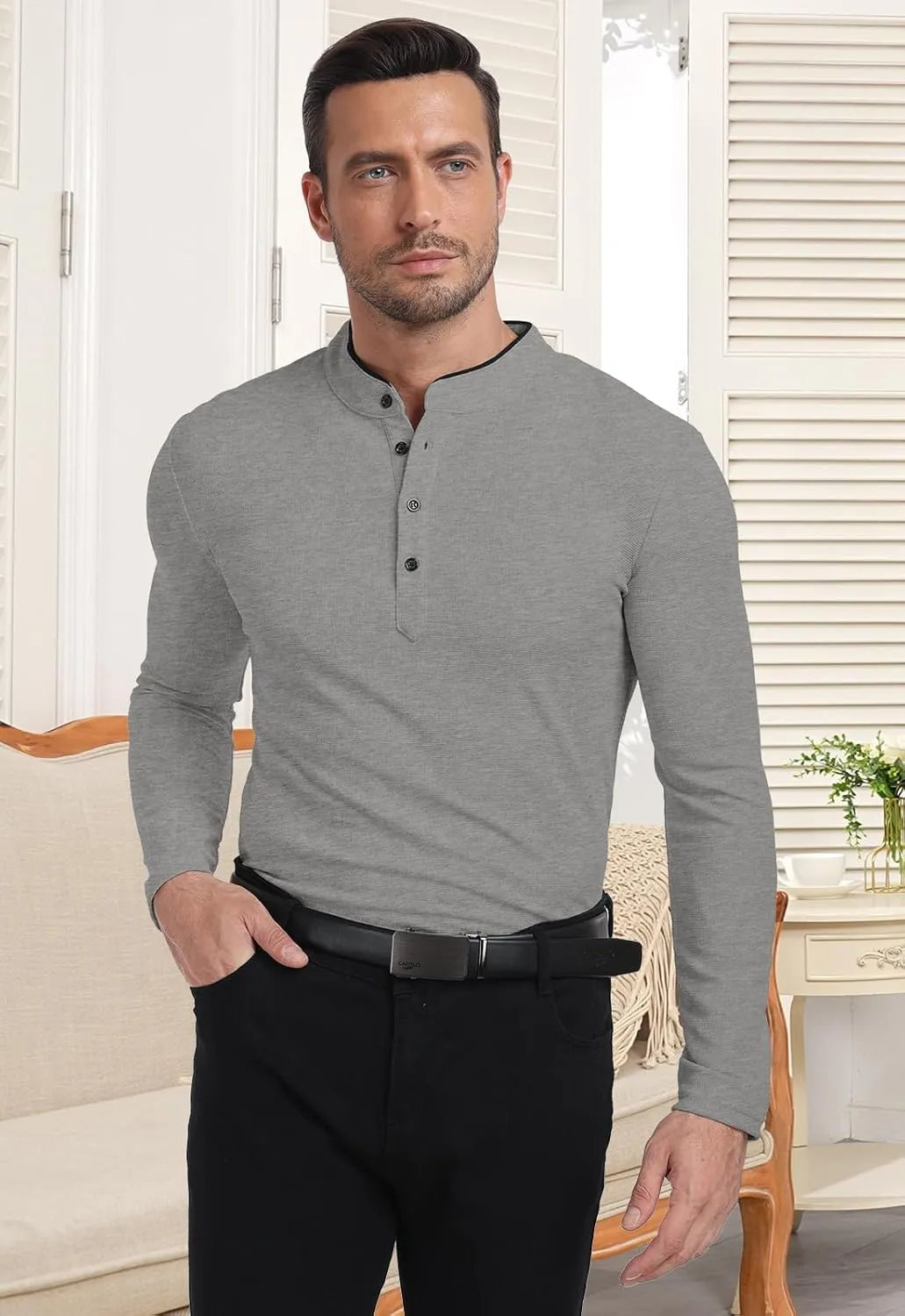 KUYIGO Men's Long Sleeve Waffle Mandarin Polo Shirts Fashion Button Slim Fit Casual Tops T-Shirt