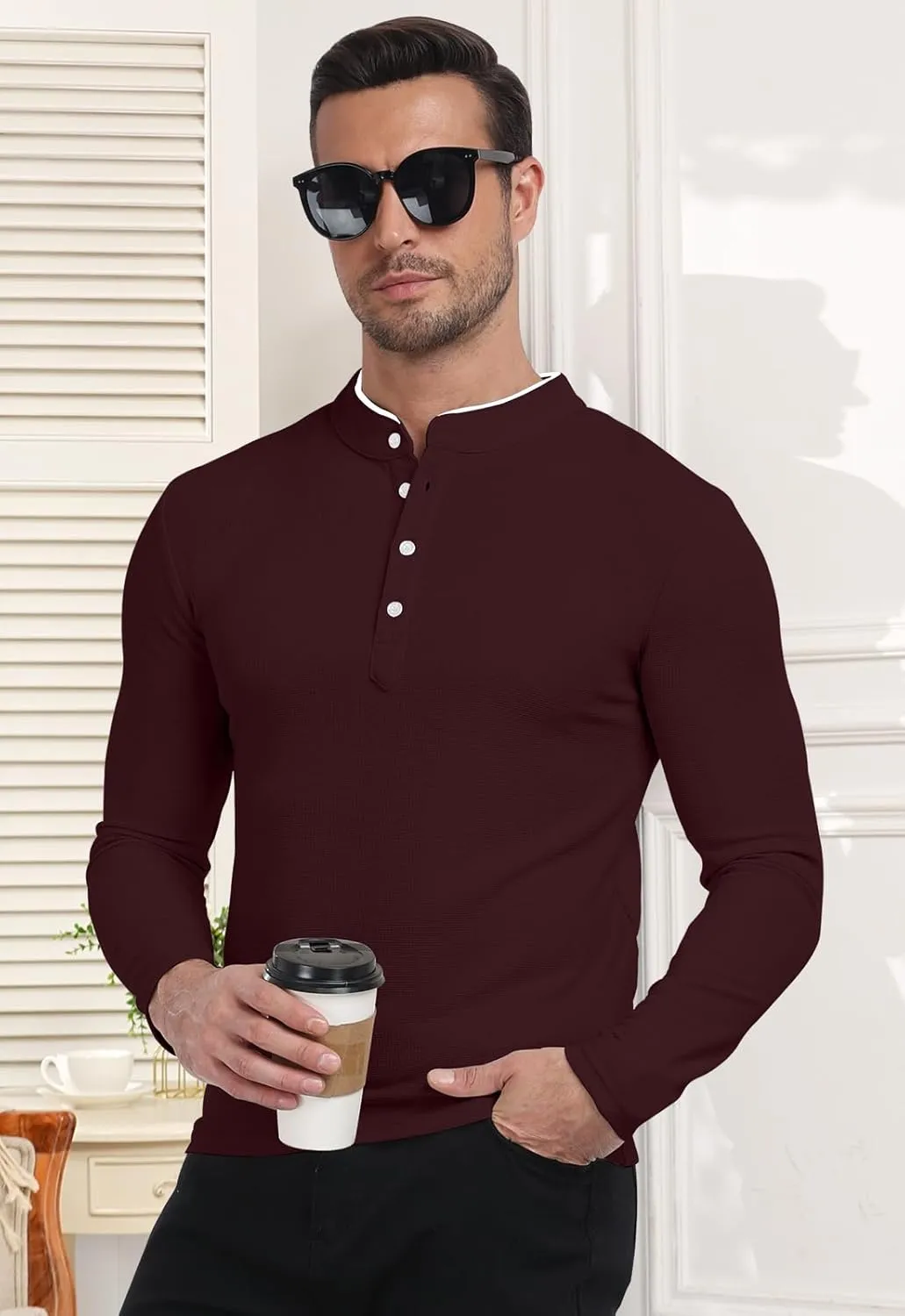 KUYIGO Men's Long Sleeve Waffle Mandarin Polo Shirts Fashion Button Slim Fit Casual Tops T-Shirt