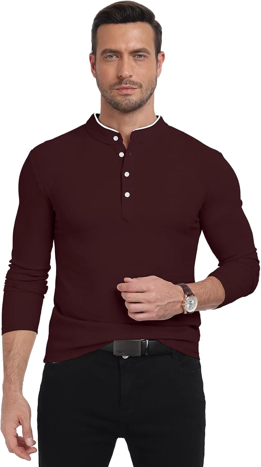 KUYIGO Men's Long Sleeve Waffle Mandarin Polo Shirts Fashion Button Slim Fit Casual Tops T-Shirt